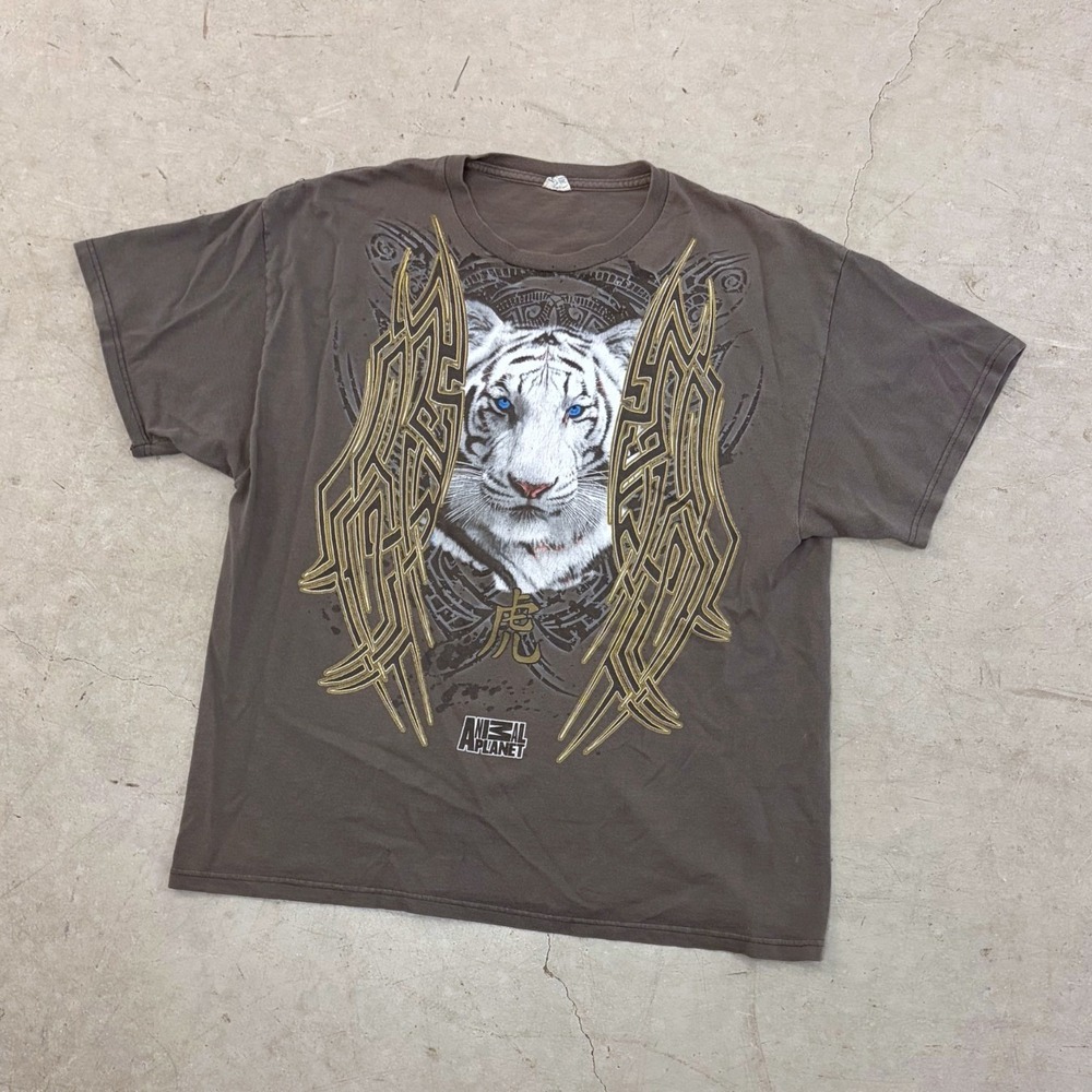 Animal Planet White Tiger Tribal Graphic T-Shirt Brown XL Short Sleeve Crewneck
